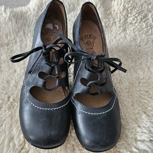 Fly london ladies blue leather with white seams, lace ups, sturdy,  size 39